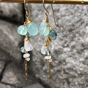 Graduated Cluster Earrings with Rainbow Moonstone, Chalcedony and Fluorite colored Quartz or Amethyst, Rainbow Moonstone or Pink Chalcedony image 4