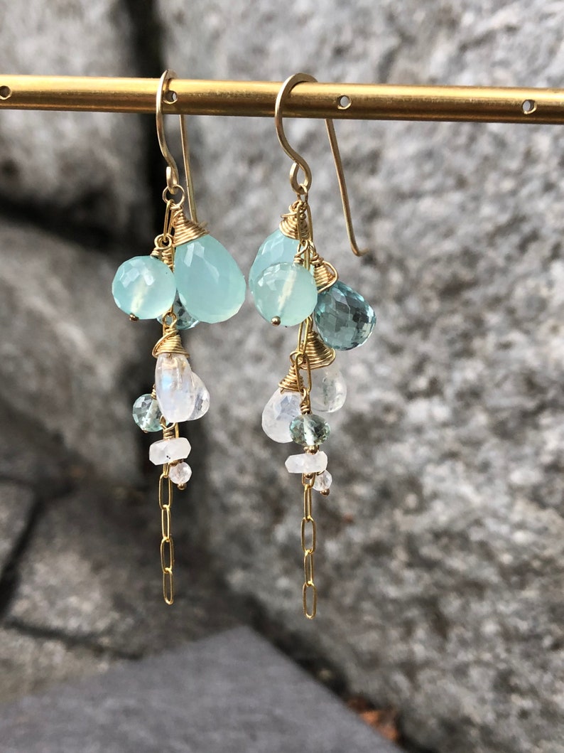 Graduated Cluster Earrings with Rainbow Moonstone, Chalcedony and Fluorite colored Quartz or Amethyst, Rainbow Moonstone or Pink Chalcedony image 4