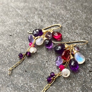 Graduated Cluster Earrings with Rainbow Moonstone, Chalcedony and Fluorite colored Quartz or Amethyst, Rainbow Moonstone or Pink Chalcedony image 8