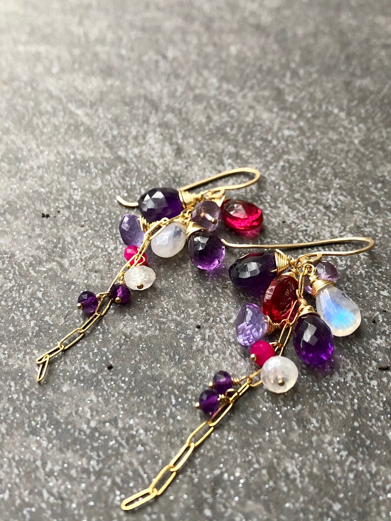 Graduated Cluster Earrings with Rainbow Moonstone, Chalcedony and Fluorite colored Quartz or Amethyst, Rainbow Moonstone or Pink Chalcedony image 8