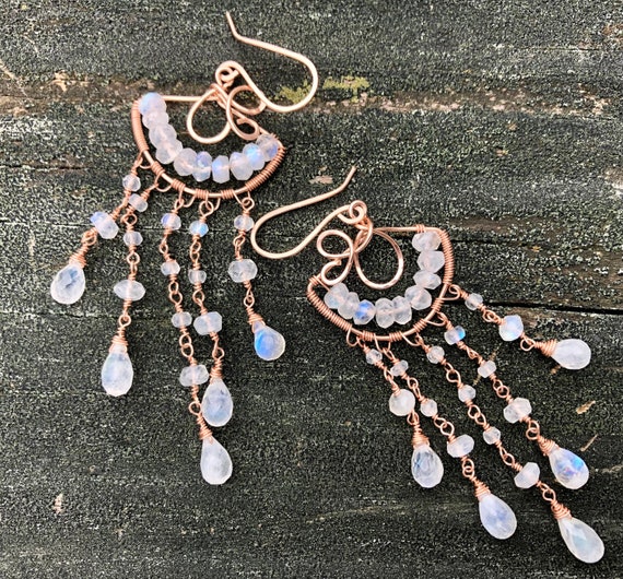 Rainbow Moonstone Chandelier Earrings Wrapped in Rose Gold Wire Etsy