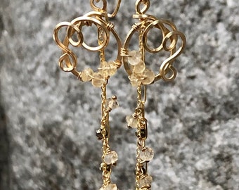 Hand Wrapped Dangle Chain Earrings with Pyrite and Citrine with Hand Shaped Medallions
