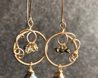 Pyrite and Citrine Woven Halo Drop Earrings