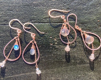 Rose Gold Teardrop Earring with Chain Dangle in Rainbow Moonstone or Rose Quartz