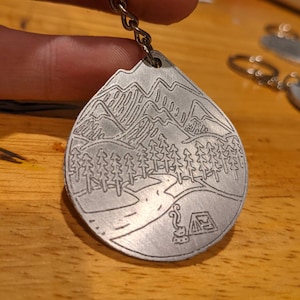 Camping themed engraved metal keychain
