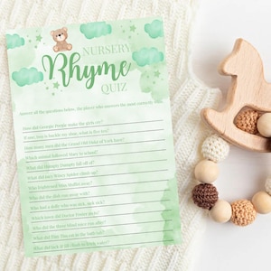 Quizkaarten voor babykamerrijm voor babyshowers, groene babyshowerspellen, babyshower, babyquiz, leuke babyshowerspellen