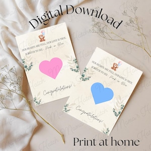 Digital Download Gender Reveal Heart Scratch Cards, Scratch to Reveal Gender, Baby Gender Reveal, Family And Friends Pink and Blue, Gender