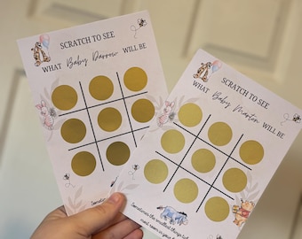 Yellow Bear Gender Reveal Noughts & Crosses Game Scratch Cards, Scratch to Reveal Gender, Baby Gender Reveal, Family And Friends Gender