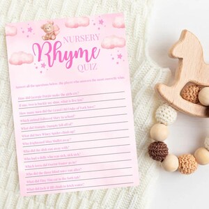 Quizkaarten voor babykamerrijm voor babyshowers, roze babyshowerspellen, babyshower, babyquiz, leuke babyshowerspellen