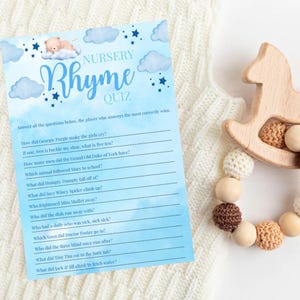 Quizkaarten voor babykamerrijm voor babyshowers, blauwe babyshowerspellen, babyshower, babyquiz, leuke babyshowerspellen, blauwe babyshowerspellen