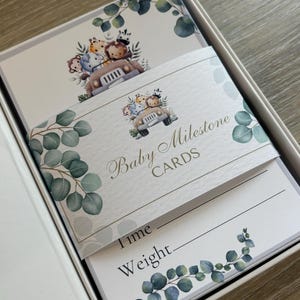 Cartes anniversaire bébé thème safari - Cartes étape étape bébé - Paquet de 54 cartes - Souvenirs étape étape bébé - Boîte étape étape bébé - Boîte magnétique
