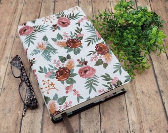 Adjustable Book Cover, Book Sleeve, Padded Book Cover, Fabric Book Cover, Bible Cover, Planner Cover, Book Lover -Beige & Rust Roses-