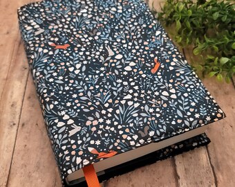 Adjustable Book Cover, Book Sleeve, Book pouch, Padded Book Cover, Book Lover, Bookish, Fabric Book Cover -Woodland Frolic Carbon-