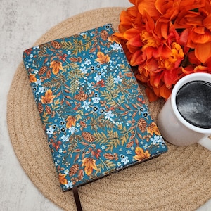 Adjustable Book Cover, Book Sleeve, Padded Book Cover, Bookish, Fabric Book Cover, Bible Cover, Bookmark -Floral Harvest Turquoise-