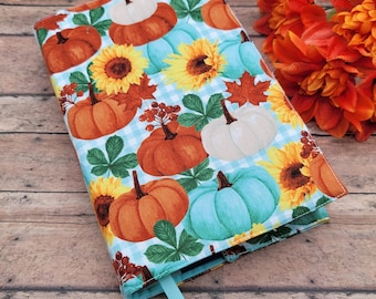 ADJUSTABLE Book Cover, Book Sleeve, Book pouch, Padded Book Cover, Book Lover, Bookworm, Fabric Book Cover -Pumpkins on Buffalo Check Mint-