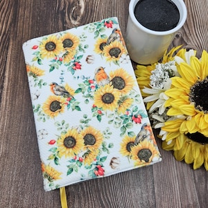 Adjustable Book Cover, Book Sleeve, Book Pouch, Book Accessories, Composition Notebook Cover, Bible Cover -Birds & Sunflowers-