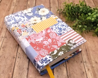 Adjustable Book Cover, Book Sleeve, Book Sock, Padded Book Cover, Book Lover, Bookworm, Fabric Book Cover, Bookmark, Bible -Floral Patchwork