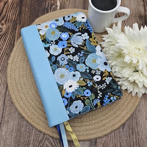 Book or Bible Cover with Faux Leather Spine, Bible Sleeve, Book Sleeve, Bible Wrap, Fabric Book Cover, Devotional Cover -Garden Party Blue-