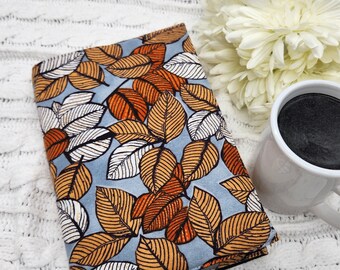 Adjustable Book Cover, Book Sleeve, Book Pouch, Padded Book Cover, Book Lover, Bookworm, Fabric Book Cover -Fall Leaves on Blue-