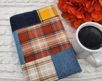 Adjustable Book Cover, Book Sleeve, Book Pouch, Padded Book Cover, Book Lover, Bookworm, Fabric Book Cover -Plaid & Denim Real Patchwork-