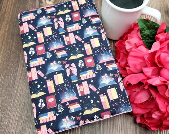 Adjustable Book Cover, Book Sleeve, Book Pouch, Padded Fabric Book Cover, Book Lover, Bookish, Bookworm -Blue and Pink Reading Dreaming-