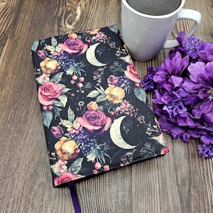 Adjustable Book Cover, Book Sleeve, Book Pouch, Book Accessories, Fabric Book Cover, Planner, Bible Cover -Purple Roses Moon-
