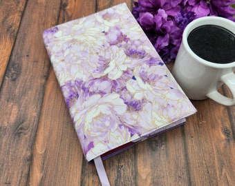 Adjustable Book Cover, Book Sleeve, Book Pouch, Book Accessories, Fabric Book Cover, Bible Cover, Bookmark -METALLIC Silhouette Floral Purpl