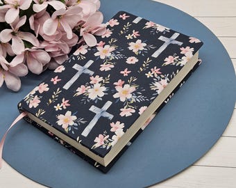 STRETCH Buchhülle, Beschützer, Stoff, Bibelhülle, Journalhülle, Planerhülle -Kreuz & Pink Floral-