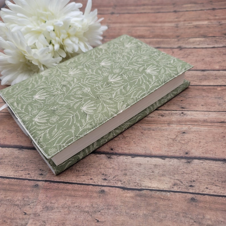 Adjustable Book Cover, Book Sleeve, Book Pouch, Padded Book Cover, Book Lover, Bookworm, Fabric Book Cover Olive Green Floral image 2