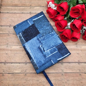Adjustable Book Cover, Book Sleeve, Padded Book Cover, Fabric Book Cover, Bookmark, Bible Cover, Planner Cover, Bookish -Denim Patchwork-