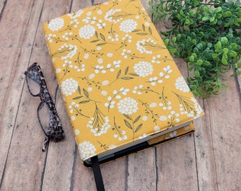 Adjustable Book Cover, Book Sleeve, Bookmark, Padded Book Cover, Fabric Book Cover, Bible Cover, Planner Cover -Mustard Woodland-
