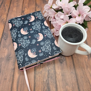 Adjustable Book Cover, Book Sleeve, Book Pouch, Book Accessories, Fabric Book Cover, Bible Cover, Bookmark -Moon Floral-