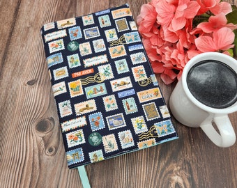 Adjustable Book Cover, Book Sleeve, Book Pouch, Padded Book Cover, Bible Cover, Bookish, Fabric Book Cover -Postage Stamps Blue Metallic-