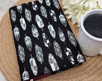 Adjustable Book Cover, Book Sleeve, Book Pouch, Book Accessories, Fabric Book Cover, Bible Cover, Bookmark -Black Feathers-