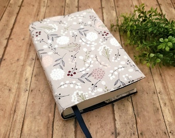 Adjustable Book Cover, Book Sleeve, Book Pouch, Book Accessories, Fabric Book Cover, Bible Cover, Bookmark -Berry Leaves Grey-