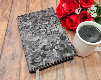 Adjustable Book Cover, Book Sleeve, Book Pouch, Book Accessories, Fabric Book Cover, Bible Cover, Bookmark -Black Faded Floral-