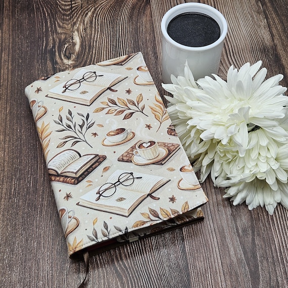 Adjustable Book Cover, Book Sleeve, Book Pouch, Book Accessories, Fabric Book Cover, Bible Cover -Autumn Books & Coffee-
