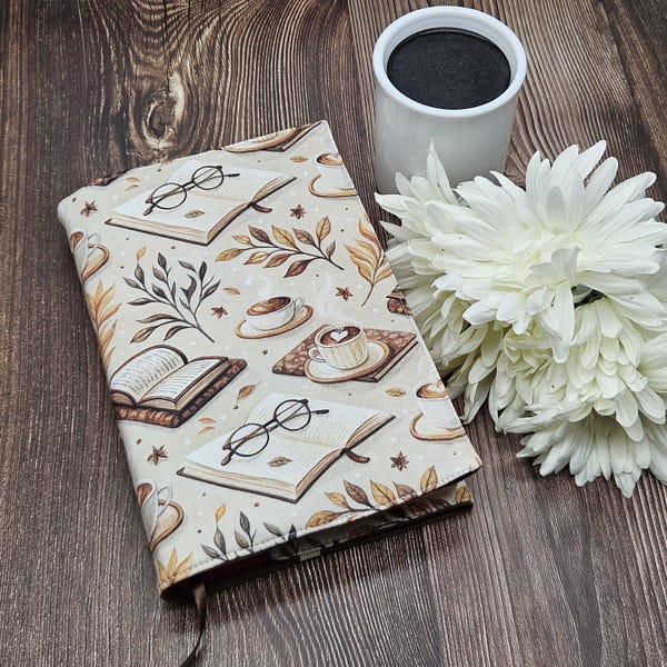 Verstelbare boekomslag, boekhoes, boeketui, boekaccessoires, stoffen boekomslag, bijbelomslag - herfstboeken en koffie-