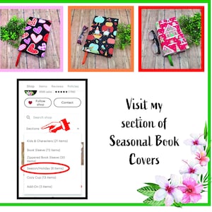 May include: Three rectangular fabric book sleeves featuring distinct patterns: one with red and pink hearts on black, one with gnomes and pumpkins on black, and one with gingerbread houses on pink. A digital shop menu highlights the Seasonal Book Covers section.