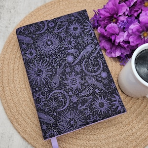 Adjustable Book Cover, Book Sleeve, Book Pouch, Book Accessories, Fabric Book Cover, Bible Cover, Bookmark -Celestial Space Glitter Purple-