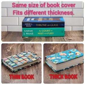 May include: Two fabric book covers shown on books of different thicknesses. One cover features a colorful bookshelf pattern, while the other displays a light blue print with various reading-themed icons. Text reads: Same size of book cover. Fits different thickness.
