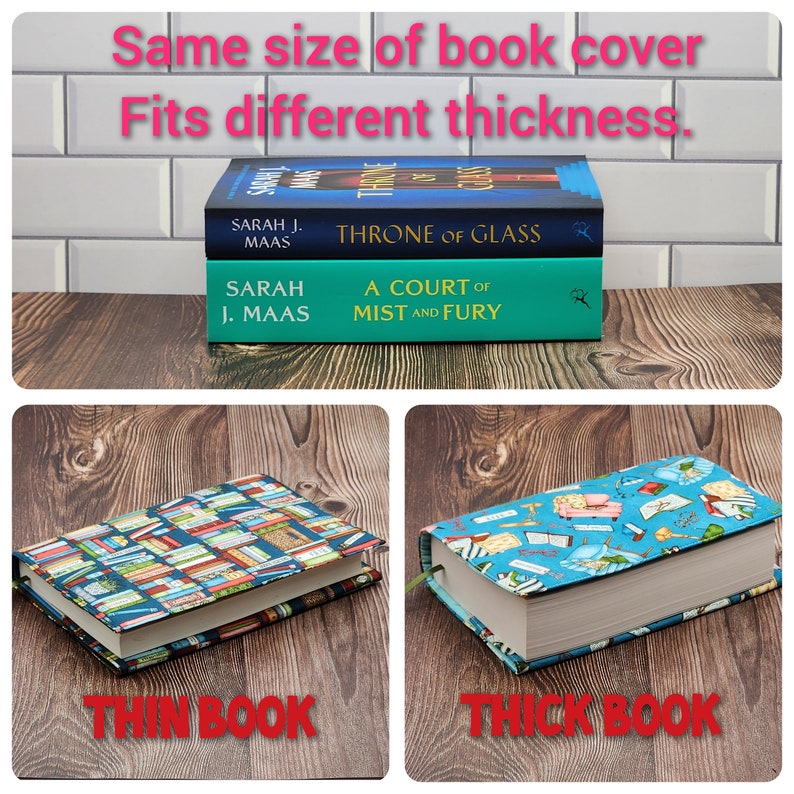 May include: Two fabric book covers shown on books of different thicknesses. One cover features a colorful bookshelf pattern, while the other displays a light blue print with various reading-themed icons. Text reads: Same size of book cover. Fits different thickness.
