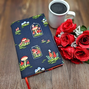 Adjustable Book Cover, Book Sleeve, Book Pouch, Book Accessories, Fabric Book Cover, Bible Cover -Mushroom Bunches & Terrariums Blue-