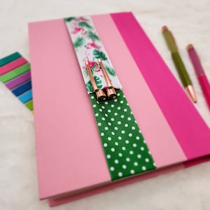 Planner Accessories, Planner, Binder Band, Journal Pen Holder, Bookmark, School, Pen Holder Elastic Band, Bible -Flamingo & Dots Green-