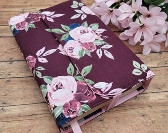 Wrap-Around Book Cover, Adjustable Book Cover, Book Sleeve, Book Pouch, Padded Book Cover, Bible Cover, Planner Cover -Berry Roses-