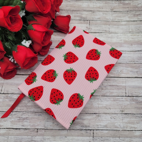 STRETCHABLE Book Covers, Book Protector, Book Sleeve, Fabric Book Cover, Bible Cover, Journal Cover, Planner Cover -Strawberry Ribbed Knit-