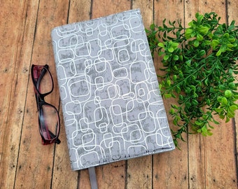 Adjustable Book Cover, Book Sleeve, Padded Book Cover, Bookish, Fabric Book Cover, Bookmark, Bible Cover -Silver Foil Shapes Gray-