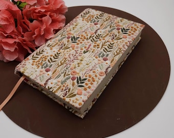 STRETCH Book Cover, Protector, Fabric, Bible Cover, Journal Cover, Planner Cover -Fall Wildflowers Faux Embroidery-