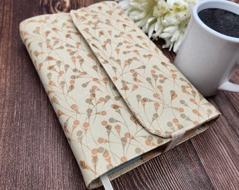 Wrap-Around Book Cover, Book Sleeve, Book Pouch, Padded Book Cover, Fabric Book Cover, Bible Cover, Planner Cover -Blooms Beige Faux Leather