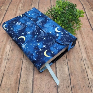 Wrap-Around Book Cover, Adjustable Book, Book Sleeve, Book Jacket, Padded Book Cover, Fabric Book Cover, Bible Cover -Shooting Stars & Moons